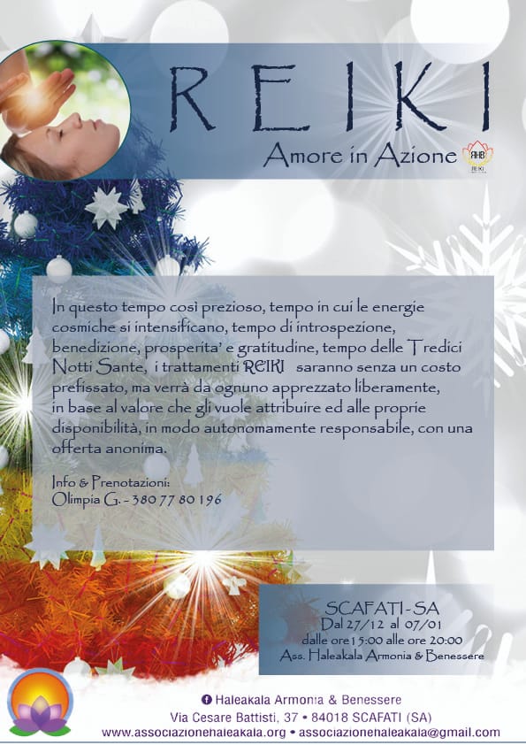 "Il Reiki è un sistema di guarigione naturale che va sperimentato per essere compreso ed è assolutamente personale. Io stessa quando parlo del Reiki, racconto di un approccio individuale dove ho preso consapevolezza che è un energia direttamente proporzionale al bene che ti vuoi e a quanto sei predisposto/a al tuo benessere psicofisico e, di come agisce nei tempi e nei modi a te più adatti.
Mio intento è quello di promuovere la conoscenza e l'esperienza d' amore del Reiki.

Dal 27/12 al 07/01 il trattamento Reiki non avrà un costo prefissato e sarà autonomamente apprezzato mediante una offerta libera.
Per info & contatti:
Olimpia 380 77 80 196
Vi aspetto con gioia e gratitudine 💚"