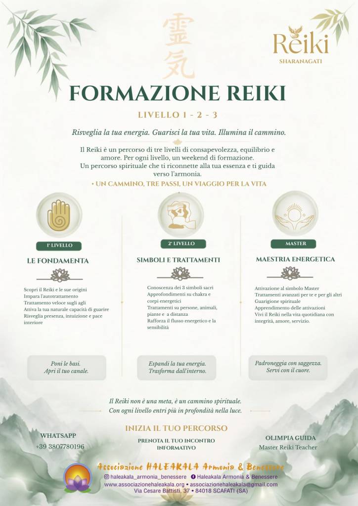 REIKI: COS’E’, TRATTAMENTI E CORSO DI FORMAZIONE
Il Reiki è una disciplina e tecnica naturale, di canalizzazione dell'energia vitale universale (Rei: Energia Vitale Universale - Ki: Energia Vitale che anima tutti gli esseri viventi), è di origine giapponese ed è utile per ritrovare equilibrio tra corpo, mente e spirito.
E’ un profondo cammino di crescita interiore, per se stessi e per gli altri attraverso i trattamenti energetici.
Metodo dolce e non invasivo basato sul passaggio dell'energia attraverso il contatto leggero o l'imposizione delle mani, l’operatore agisce come un canale, trasmettendo l'Energia Universale verso i propri punti energetici e/o del ricevente (Chakra) per sciogliere i blocchi energetici, favorire il rilassamento profondo e stimolare la naturale capacità di autoguarigione dell'organismo.
I Benefici sono molteplici, aiuta a risolvere diverse problematiche psico-fisiche, non ha controindicazioni, è un ottimo coadiuvante nelle terapie allopatiche e non si pone in contrasto con alcun tipo di confessione religiosa, sostiene nel naturale processo di evoluzione e crescita spirituale.
Ci sono diversi studi scientifici sugli effetti benefici del Reiki e, in diverse parti del mondo, come anche in Italia, viene praticato negli ospedali come sostegno soprattutto alle cure antidolorifiche e oncologiche. E’ possibile trovare vari riferimenti sui siti ufficiali scientifici.
CORSO DI FORMAZIONE SISTEMA USUI SHIKY RYOHO E KARUNA REIKI
Il corso prevede tre livelli per entrambe le formazioni con attivazioni, manuali dedicati e attestato di formazione per ogni Livello, supporto in sede e online tramite gruppo whatsapp o eventuali piattaforme, incontri periodici di scambio e meditazioni reiki.
Sistema Usui:
- Nel Primo Livello Shoden, si impara cos’è il Reiki, la sua storia, l’anatomia energetica, vari studi utili alla formazione base, l’autotrattamento e il trattamento veloce. Questo livello porta consapevolezza energetica sul corpo fisico. Si ricevono 4 attivazioni, con apertura sicura e protetta dei canali energetici.
- Nel Secondo Livello Okuden, si apprendono i tre simboli sacri, il loro utilizzo e il modo corretto di tracciarli. Si impara il trattamento completo sulle persone, trattamento a distanza, sulle piante, animali etc. Questo livello porta un lavoro più profondo sul corpo mentale. Si ricevono le attivazioni ai simboli e si entra più in profondità nel percorso spirituale.
- Nel Terzo Livello Master, conoscenza e attivazione ai simboli maestri, il loro utilizzo e la loro energia, insegnamento delle attivazioni, pratica di insegnamento durante la formazione, spiegazione e pratica sulle attivazioni valido come tirocinio. Inizia qui, un percorso più articolato poiché molto più impegnativo, si fa esperienza della maestria e si apprendono molti altri strumenti utili a questa formazione. Alla fine del percorso, si diventa Reiki Master Teacher e si può insegnare Reiki ad altre persone.
Dopo la formazione Usui, è possibile accedere alla formazione KARUNA REIKI, anch’essa di tre livelli, con formule diverse e/o integrate al livello Usui in base alla richiesta/necessità. Anche qui si riceveranno manuali e attestati.
Il Karuna Reiki® è uno sviluppo del metodo Reiki tradizionale, ideato e strutturato negli anni '90 dal Maestro William Lee Rand. La parola Karuna è un termine sanscrito utilizzato nel Buddismo e nell'Induismo che si traduce come "azione compassionevole": rappresenta la spinta spontanea ad alleviare la sofferenza altrui, accompagnata dalla consapevolezza che siamo tutti interconnessi.
Se il Reiki Tradizionale Usui posa le basi del lavoro energetico, il Karuna Reiki® lavora su frequenze vibrazionali ancora più specifiche ed elevate. Si avvale di simboli canalizzati da diversi maestri Reiki per intervenire su blocchi emotivi complessi, memorie karmiche e traumi profondi, agendo come una cura mirata per l'anima.
I Benefici del Karuna Reiki®
L'energia del Karuna Reiki® agisce in modo profondo e mirato:
Sblocco dei traumi e delle memorie cellulari: Aiuta a sciogliere vecchi schemi comportamentali, traumi dell'infanzia e ferite emotive radicate.
Guarigione del "Sé Ombra": Facilita l'accettazione e l'integrazione delle parti di noi stessi che tendiamo a rifiutare o nascondere.
Relazioni e comunicazione: Promuove la compassione, il perdono e il miglioramento delle relazioni interpersonali.
Radicamento e chiarezza spirituale: Aumenta la connessione con la propria guida interiore e rafforza la presenza nel momento presente.
La Formazione nel Karuna Reiki®
A differenza del Reiki Usui, il Karuna Reiki® non è aperto ai principianti: per accedere alla formazione è necessario aver già conseguito almeno il 2° Livello di Reiki Usui (o il livello Master, a seconda della scuola e del Maestro), in modo da avere i canali energetici già preparati e abituati al flusso di frequenze elevate.
Il percorso si articola generalmente in due fasi o due livelli principali:
1° e 2° Livello Karuna (Operatore)
1° Livello: Vengono trasmessi i primi 4 simboli focalizzati sulla guarigione profonda: la riduzione del dolore emotivo, la pulizia cellulare, l'armonizzazione delle relazioni e il radicamento.
2° Livello: Si apprendono ulteriori 4 simboli che agiscono come strumenti di connessione con il Sé Superiore, potenziando la manifestazione della verità personale, la chiarezza d'intento e l'integrazione dell'azione compassionevole nella vita quotidiana.
Karuna Master
Riservato a chi è già Master Reiki Usui. In questo livello si apprende la procedura per trasmettere le attivazioni del Karuna Reiki® e insegnare la disciplina ad altri praticanti, consolidando la propria maestria spirituale al servizio della compassione.
La formazione prevede un percorso mirato che viene illustrato durante un incontro gratuito di presentazione del corso, prima di ogni inizio formazione ciclo, permettendo così di avere un quadro d’insieme sul percorso proposto e le tempistiche offerte.
MI PRESENTO.
Mi chiamo Olimpia, sono nata nel 1977 e vivo a Scafati con i miei due figli adolescenti e due gatti. Fin da piccola ho manifestato una forte sensibilità esoterica e spirituale.
Nel 2019, in seguito a una forte crisi psico-fisica depressiva, comincio a praticare yoga ricercando il benessere e l’unione tra corpo, mente e spirito. Intraprendendo un viaggio profondo nella psiche e nell’anima, in una ricerca continua di pace e armonia, ho cominciato a sperimentare sempre più la resilienza, maturata nella Resa totale al Divino, tema che è divenuto argomento della mia tesi accademica.
Nel 2020 partecipo al primo livello Reiki con la Reiki Master e Karuna Reiki Master Claudia Di Leva, completando la formazione e conseguendo il diploma Master Reiki Teacher nel 2026. In questo cammino, riscopro e acquisisco doni e talenti anche grazie a diverse chiamate alle quali ho risposto (formazioni).
Nel 2020 la formazione quadriennale come insegnante di Hatha e Raja yoga, conclutosi con il diploma nel 2024. Nel 2023 ricevo le iniziazioni al Kriya Yoga. Insegno yoga dal 2023 e sono iscritta all’ associazione nazionale insegnanti yoga Y.A.N.I dal 2026.
Tengo alcuni corsi all’interno dell’accademia insegnati yoga “...a scuola con Yogananda” di Scafati.
Nel 2026 arriva la formazione sui Registri Akashici, di cui sono abituale lettrice.
Ho partecipato a workshop e formazioni varie tra cui: “Formazione Spirituale sui 7 Raggi, Raggi Occulti e i Maestri Ascesi” “Piano Astrale, entità e tecniche di liberazione e protezione metafisica” “Corso di Magia Cerimoniale e Protezione Divina”, “Fiamme Gemelle, Fiamme compagne”, “Sacerdozio del Fuoco Sacro” con Raoul Miceli e Mara Ferracini.
“Introduzione ai Rapporti con il Mondo Spirituale e alla lettura dell’Aura”, “L’amore non muore mai”, “Conoscere gli spiriti della natura”, “Angeli” con Giorgio Carotenuto.
“Corso sugli Angeli “Angelic Connexions” con il Reiki Master Teacher Gaetano Vivo.
Il mio interesse verso la natura cresce al punto da farmi adottare da subito e consapevolmente il vegetarianesimo e la cura del corpo attraverso la naturopatia, osservando un approccio ecosostenibile nella vita quotidiana.
La mia formazione continua anche autonomamente con studi e ricerche cavalcando la personale predisposizione di curiosità e conoscenza.
Sono uno spirito libero, in continuo movimento. Il mio intento è accompagnare le persone sul sentiero della propria autorealizzazione, con amore e gioia, riportandole nel flusso creativo della Fonte!
